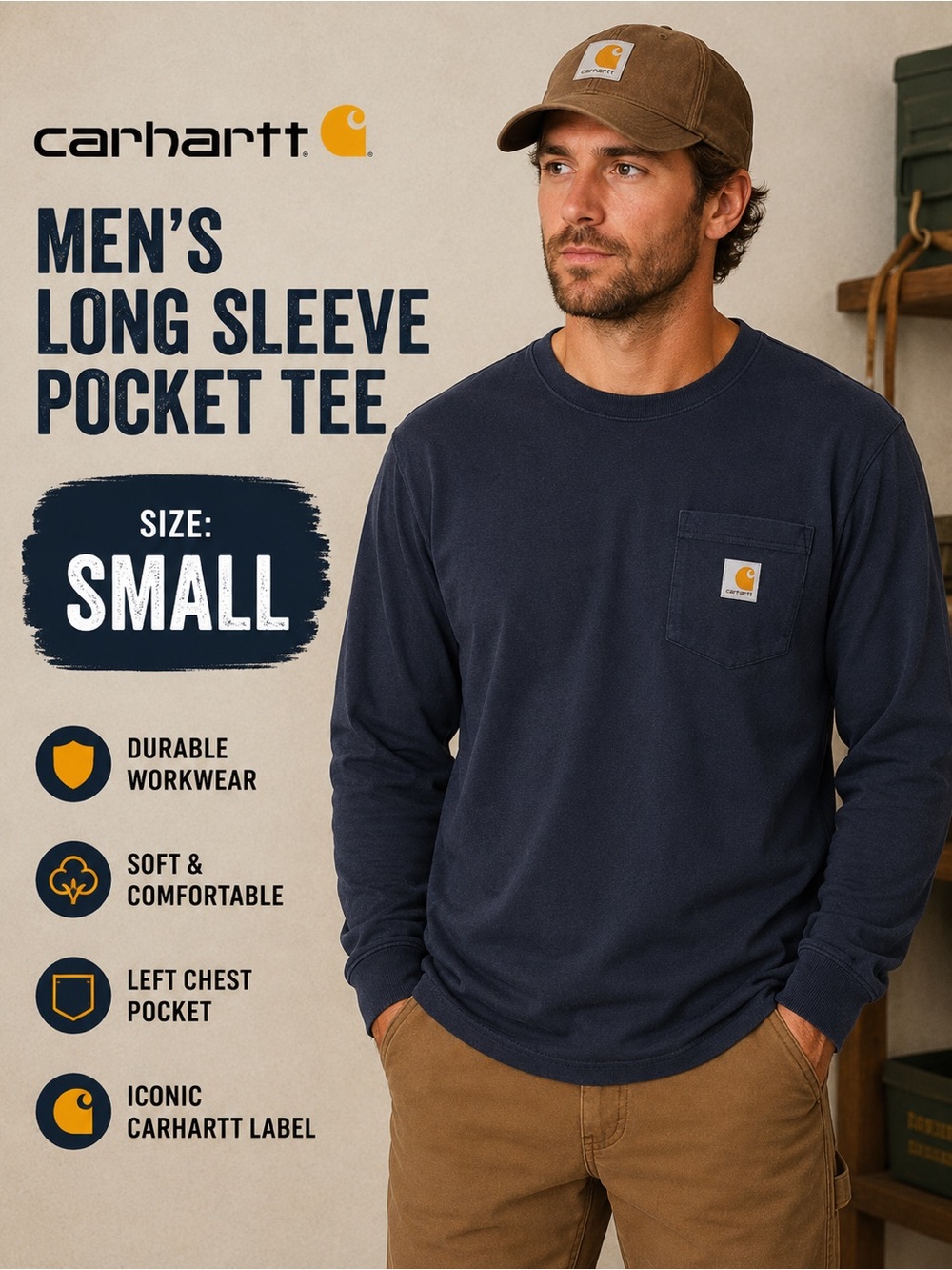 Carhartt SHEIN Long Sleeve Pocket Tee in Dark Navy with Orange Logo Patch SMALL